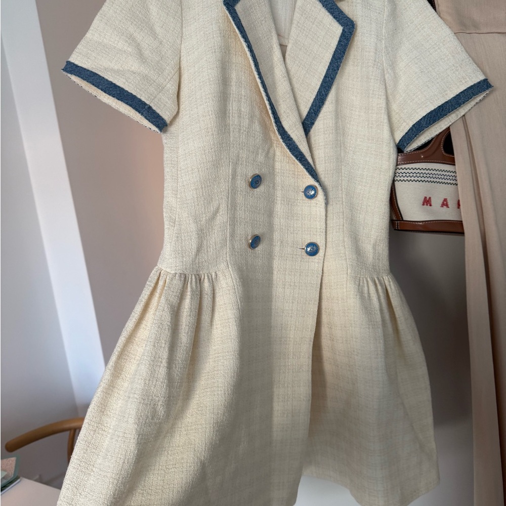 Sandro Cream Mini Dress with Blue Trim - Picture 5 of 6